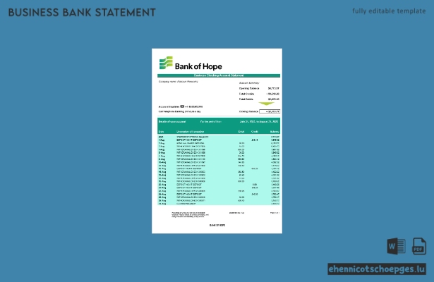 Beispielvorschau eines Kontoauszugs vom Firmengirokonto der Bank of Hope (Word und PDF)